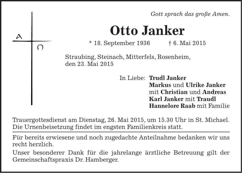 Traueranzeige Otto Janker