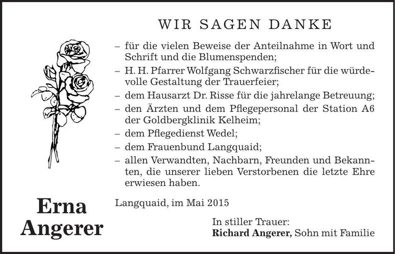 Traueranzeige Erna Angerer