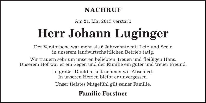 Traueranzeige Johann Luginger