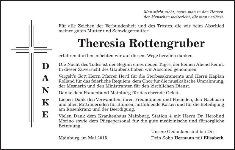 Traueranzeige Theresia Rottengruber