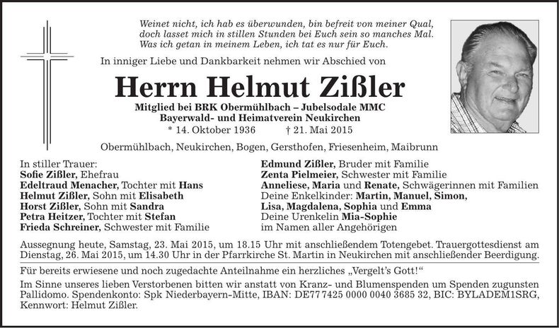 Traueranzeige Helmut Zißler