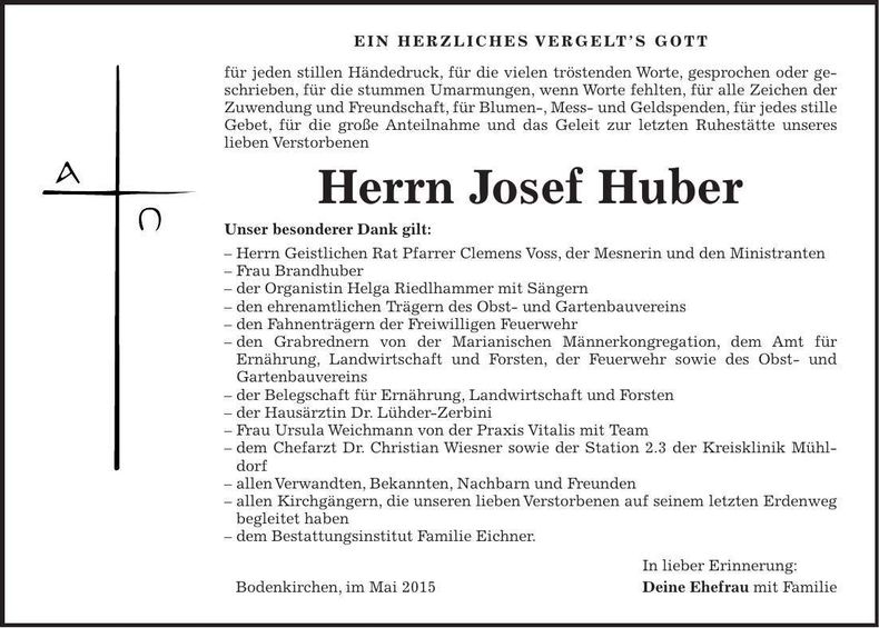 Traueranzeige Josef Huber