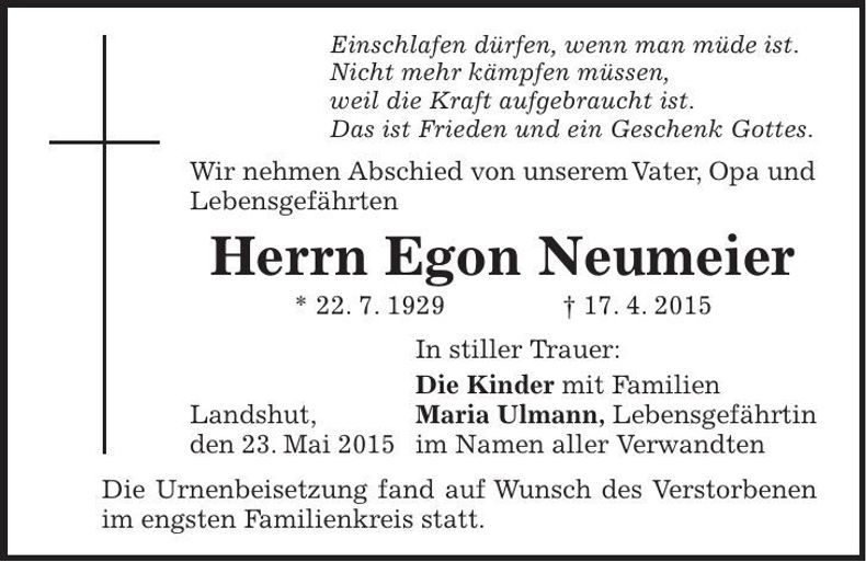 Traueranzeige Egon Neumeier