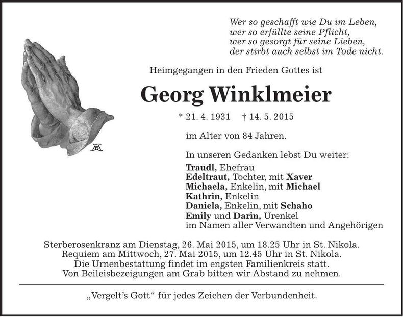 Traueranzeige Georg Winklmeier