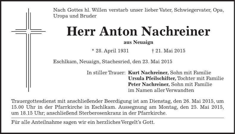 Traueranzeige Anton Nachreiner