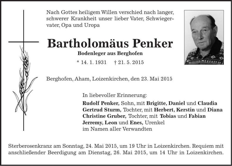 Traueranzeige Bartholomäus Penker