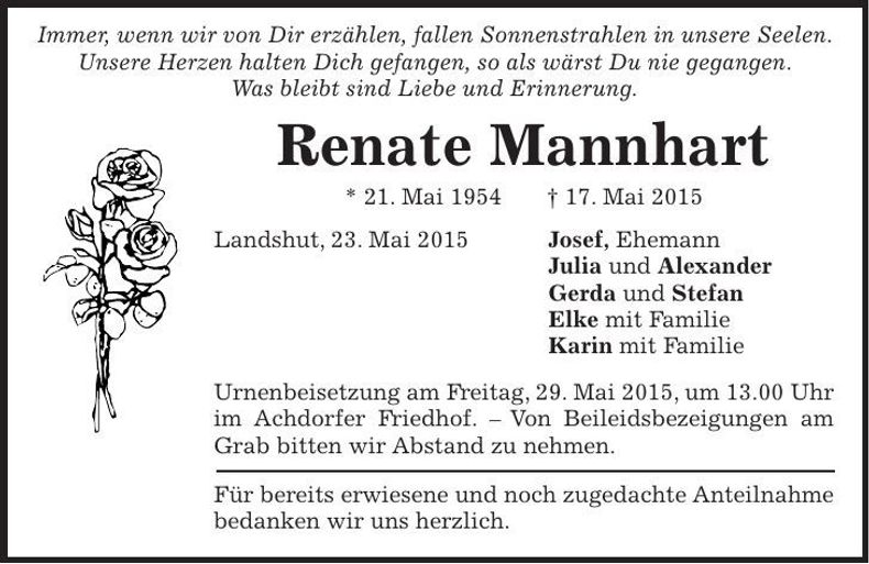 Traueranzeige Renate Mannhart