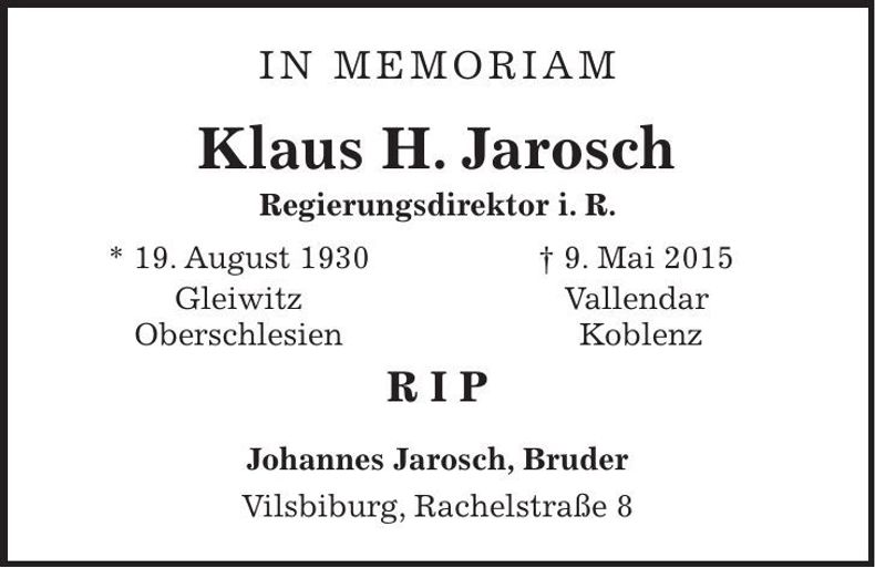 Traueranzeige Klaus H. Jarosch