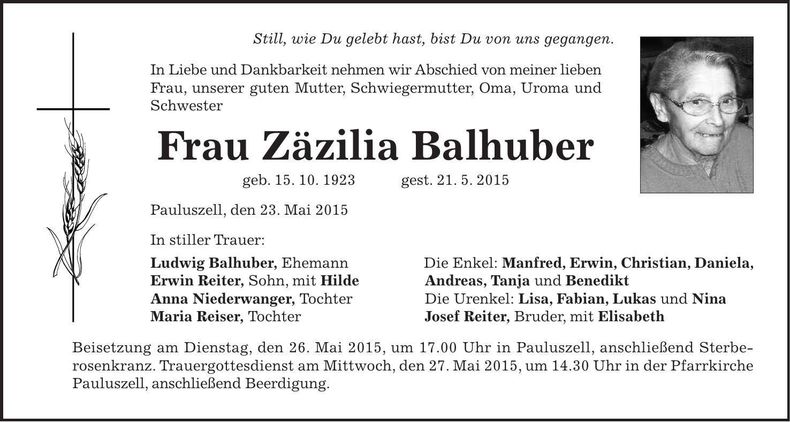 Traueranzeige Zäzilia Balhuber
