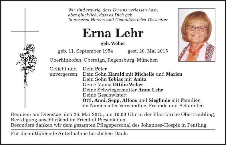 Traueranzeige Erna Lehr