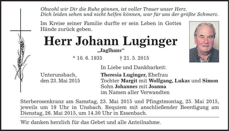 Traueranzeige Johann Luginger