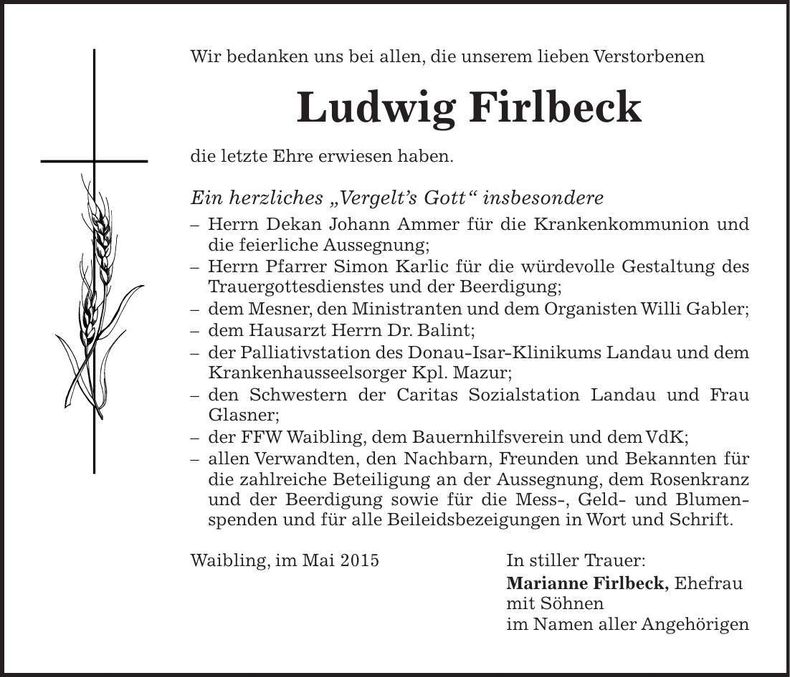 Traueranzeige Ludwig Firlbeck