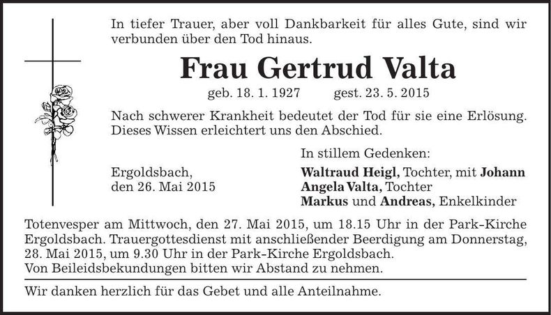 Traueranzeige Gertrud Valta