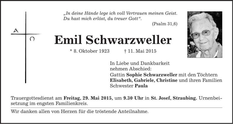 Traueranzeige Emil Schwarzweller