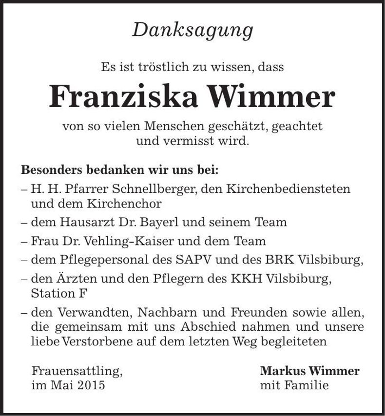 Traueranzeige Franziska Wimmer