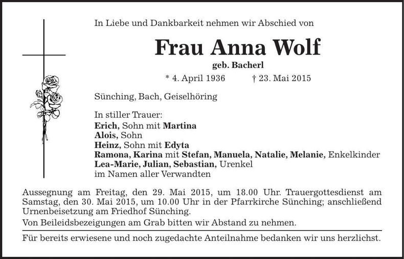 Traueranzeige Anna Wolf