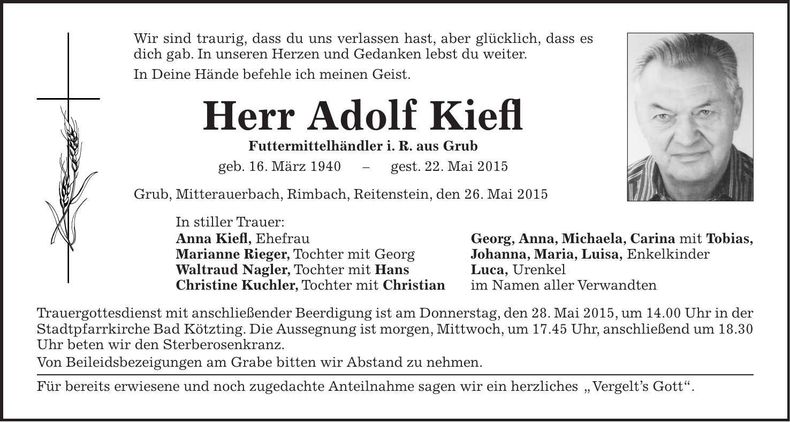 Traueranzeige Adolf Kiefl