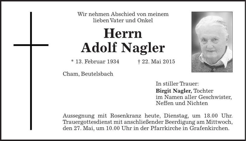 Traueranzeige Adolf Nagler