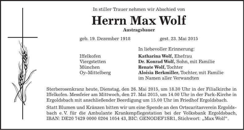 Traueranzeige Max Wolf