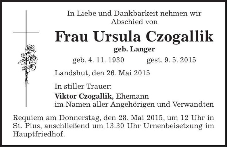 Traueranzeige Ursula Czogallik