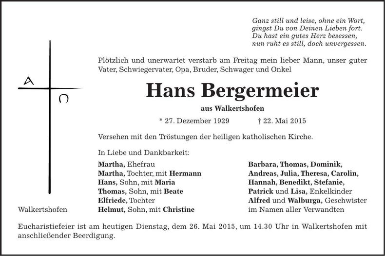 Traueranzeige Hans Bergermeier