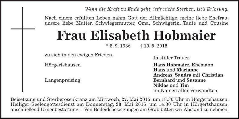 Traueranzeige Elisabeth Hobmaier