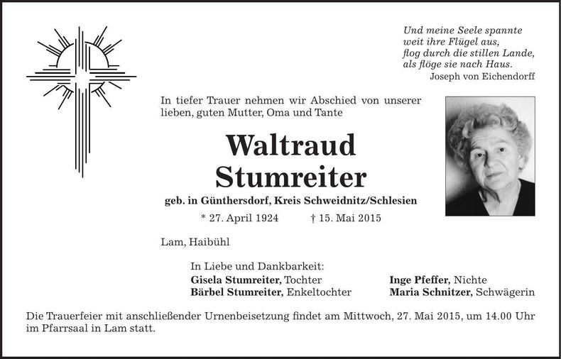 Traueranzeige Waltraud Stumreiter