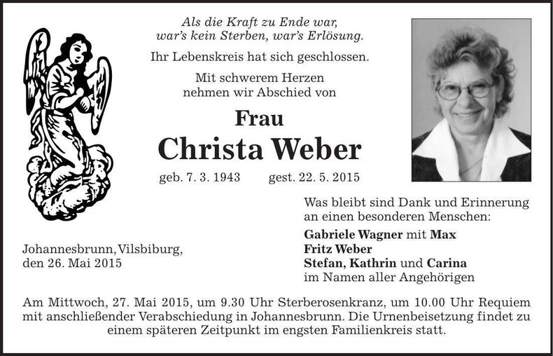 Traueranzeige Christa Weber