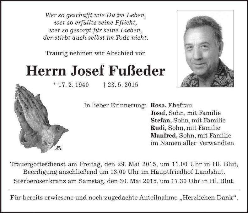 Traueranzeige Josef Fußeder