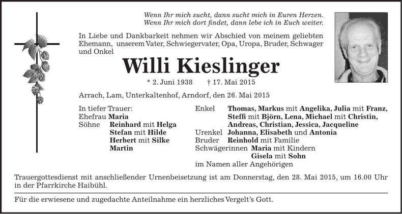 Traueranzeige Willi Kieslinger