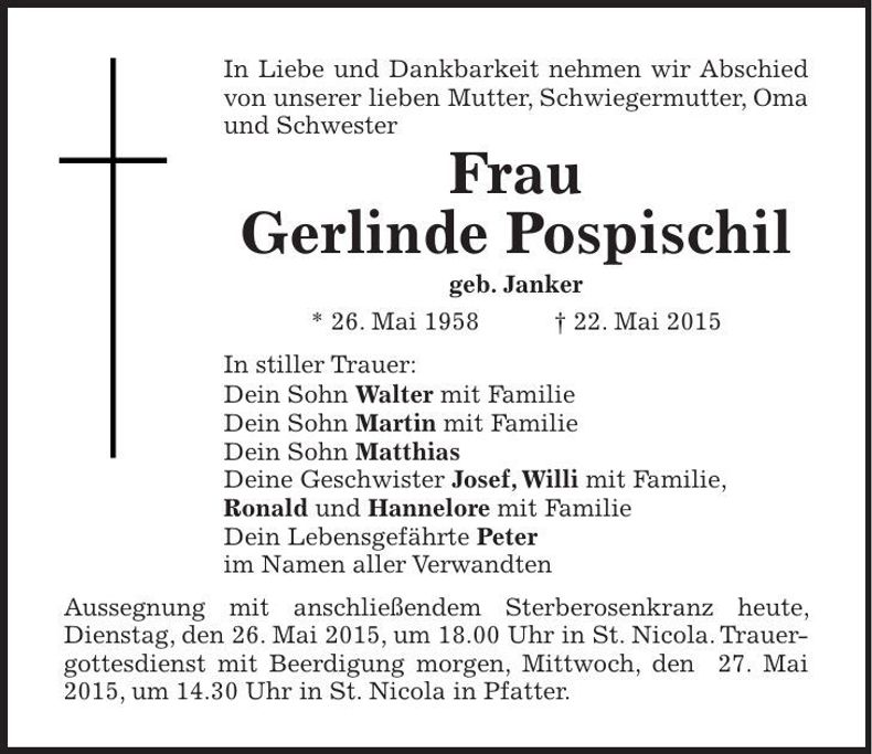 Traueranzeige Gerlinde Pospischil