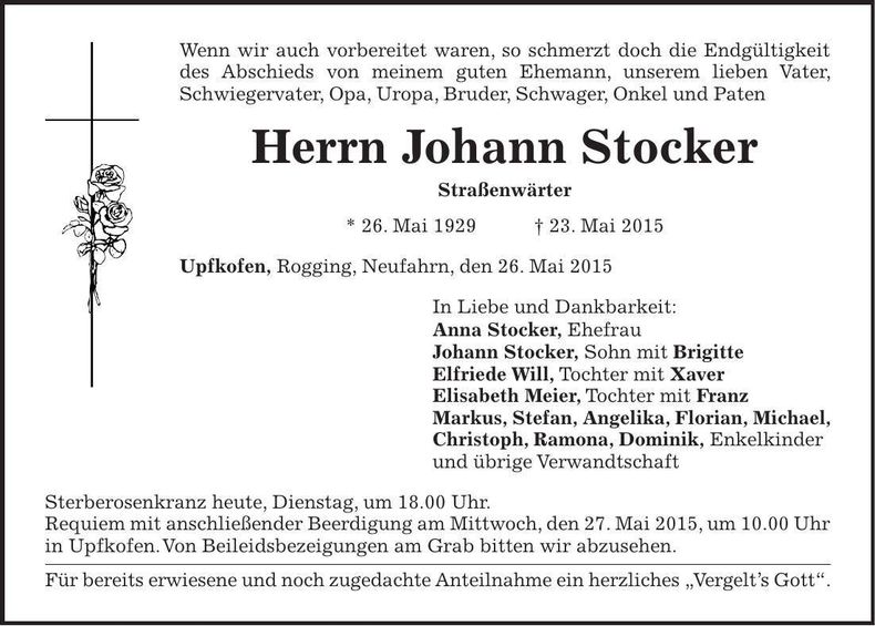Traueranzeige Stocker Johann