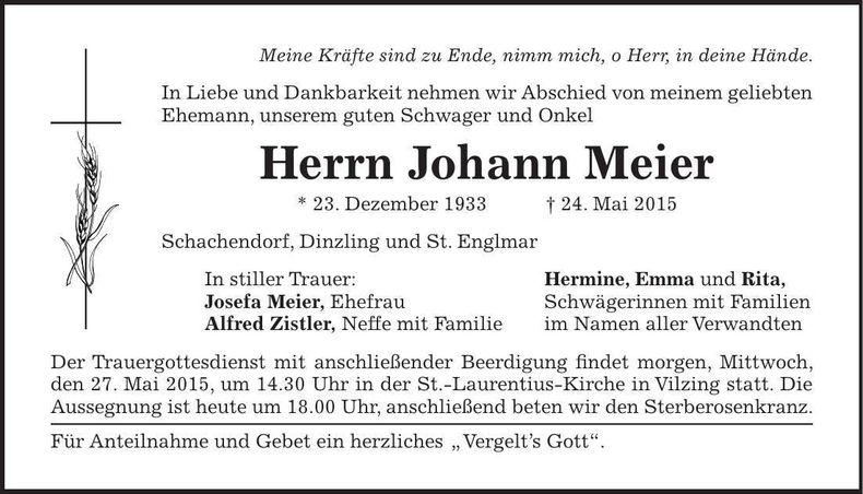 Traueranzeige Johann Meier