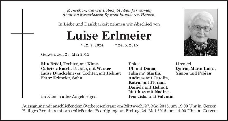Traueranzeige Luise Erlmeier