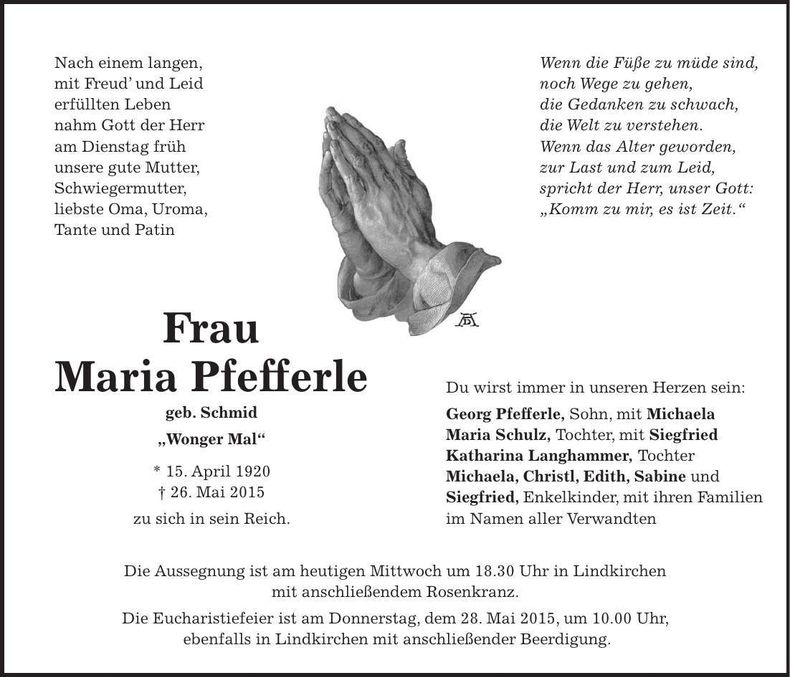 Traueranzeige Maria Pfefferle
