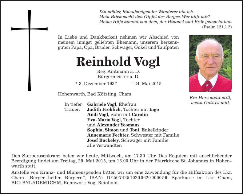Traueranzeige Reinhold Vogl