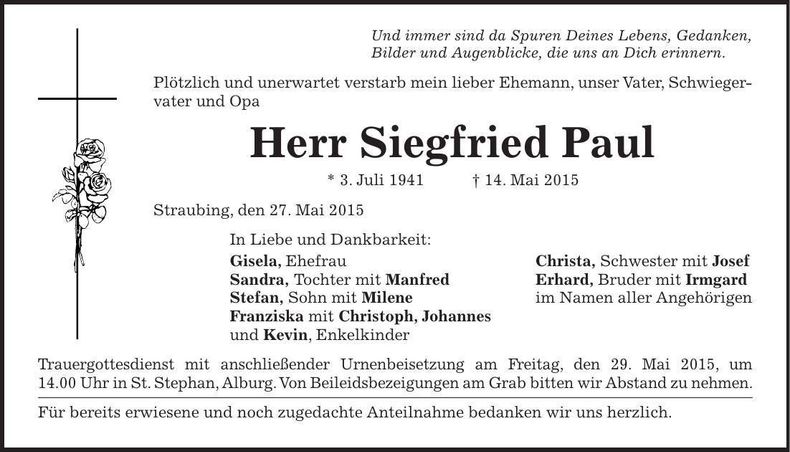 Traueranzeige Gisela Paul