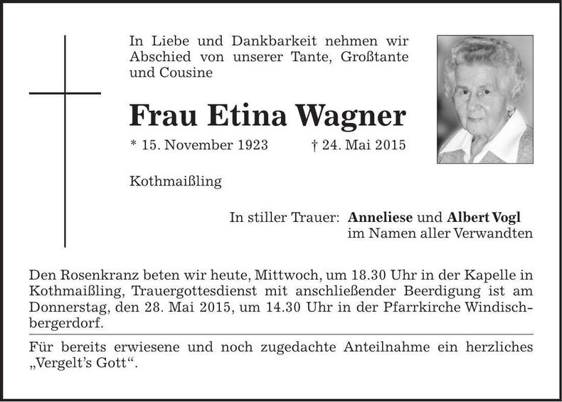 Traueranzeige Etina Wagner