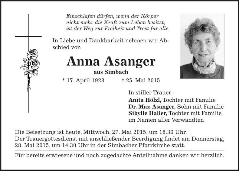 Traueranzeige Anna Asanger