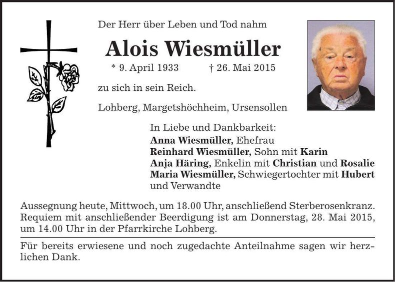 Traueranzeige Alois Wiesmüller