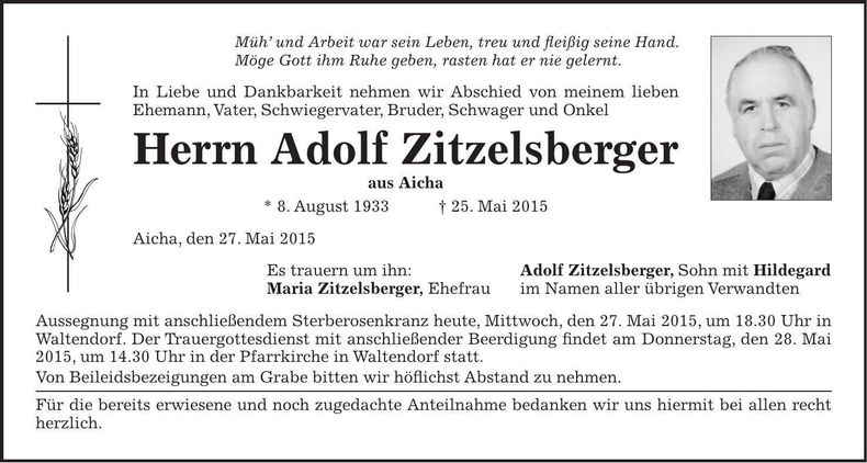 Traueranzeige Adolf Zitzelsberger