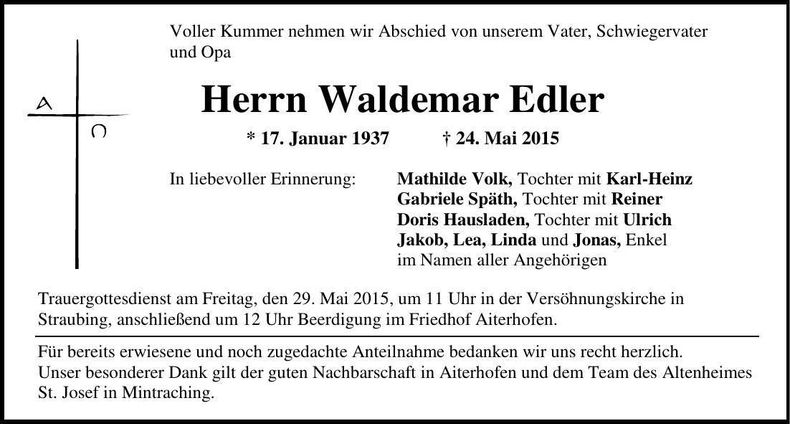 Traueranzeige Waldemar Edler