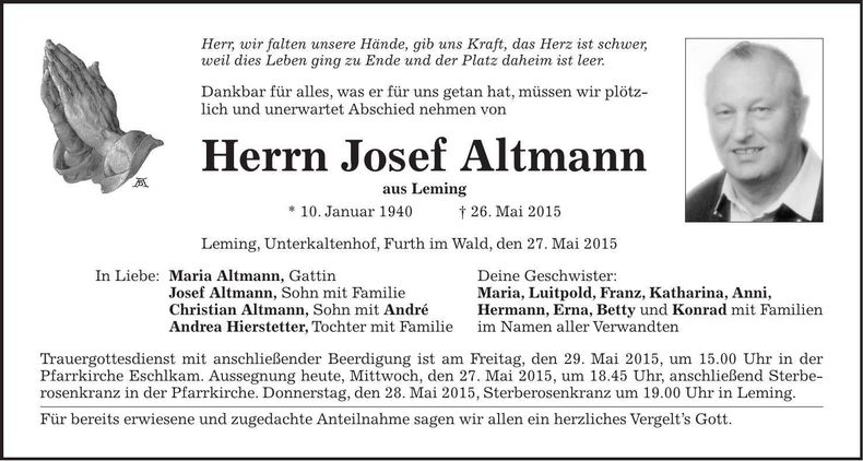 Traueranzeige Josef Altmann