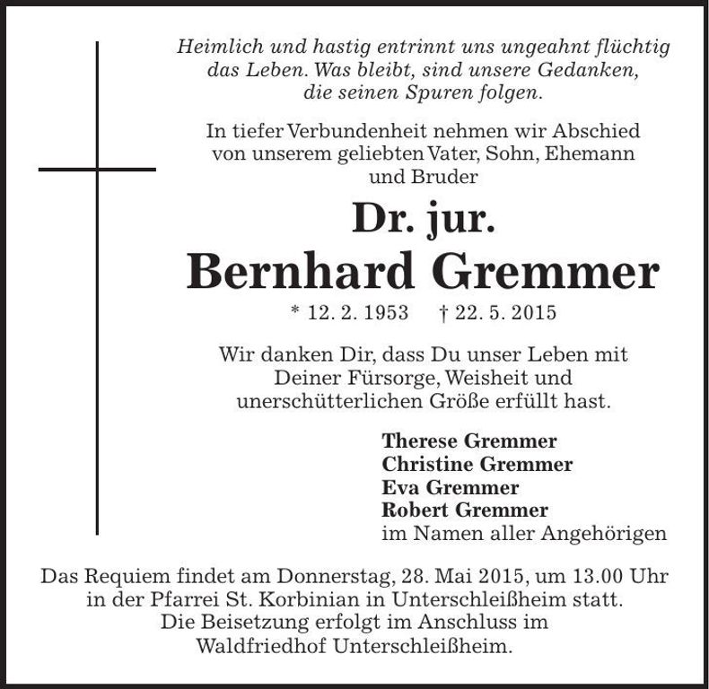 Traueranzeige Bernhard Gremmer