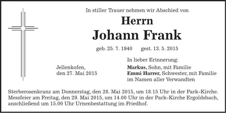 Traueranzeige Johann Frank