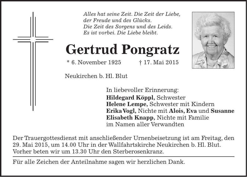 Traueranzeige Gertrud Pongratz