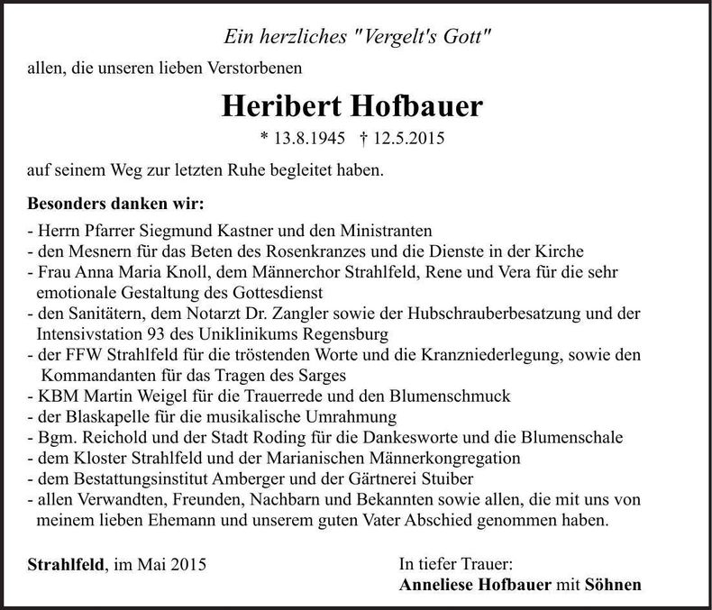 Traueranzeige Heribert Hofbauer