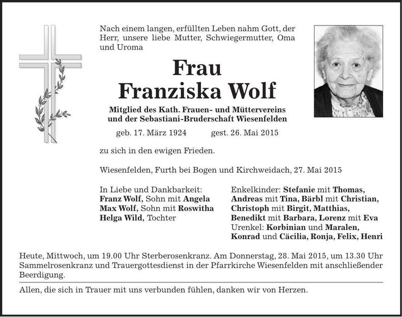 Traueranzeige Franziska Wolf