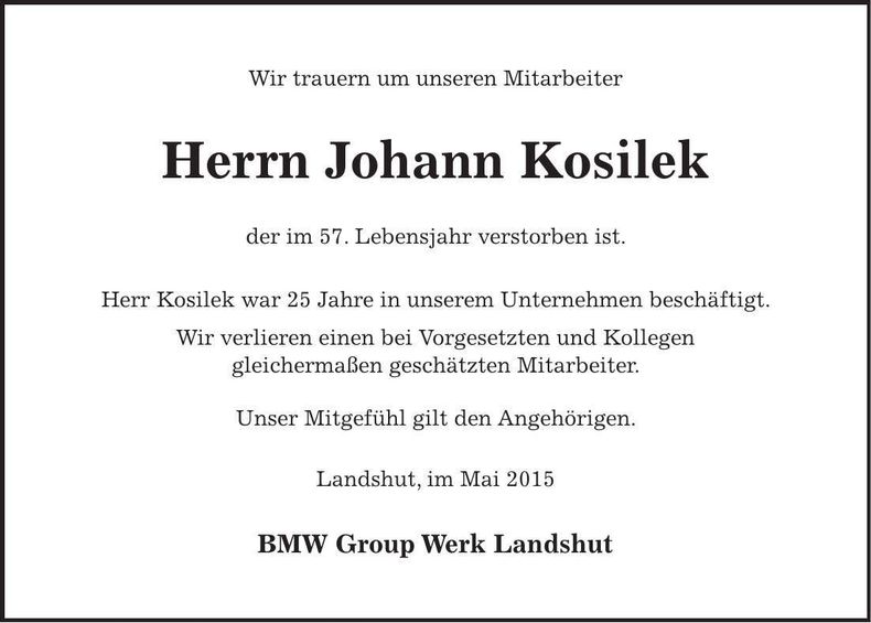Traueranzeige Johann Kosilek