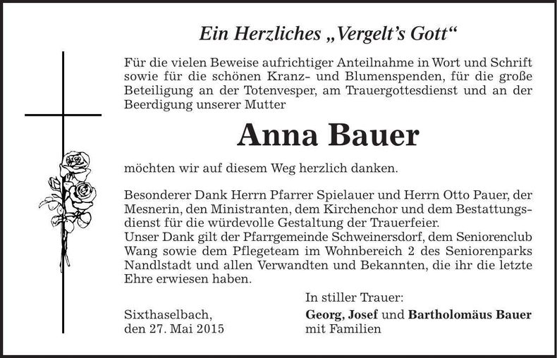 Traueranzeige Anna Bauer